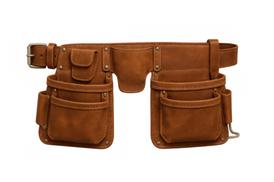 Leather tool belt with multiple pockets for carpentry and construction work on transparent background