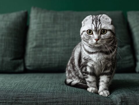 A beautiful Scottish Fold cat sits gracefully on a green couch indoors.
