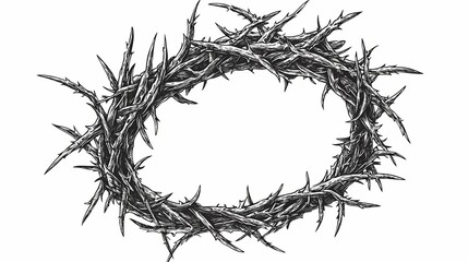 Fototapeta premium Intricate depiction of a rugged wreath constructed from sharp thorny branches rendered in black and white engraving style