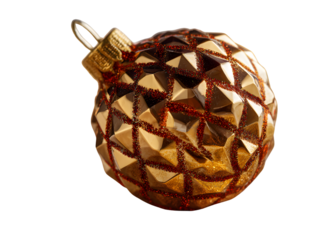 Red and Gold Christmas Bauble with Faceted Diamond-Cut Pattern on Transparent Background . Luxurious Shimmering Holiday Ornament with Detailed Reflections