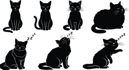 Naklejka premium Black cat vector silhouette collection, cute feline mascot sitting and sleeping in various poses, adorable pet animal icon set design elements.