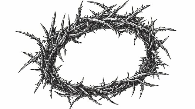 Intricate depiction of a rugged wreath constructed from sharp thorny branches rendered in black and white engraving style