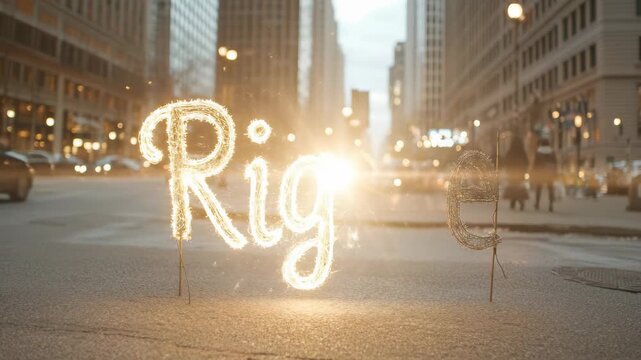 Dynamic glowing letters RIGHTS emerge from brilliant golden spark trails on a bustling city street at twilight. Bright message symbolizes essential freedom and just entitlement.