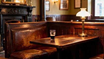 Glass of Stout and Lamp in a Wooden Pub Booth