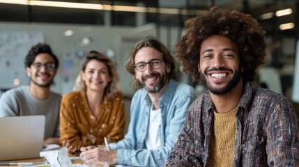 happy multiracial team discussing project in coworking modern conference room collaboration creativity community with copy space