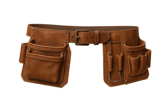 Leather tool belt with pouches and buckle, representing work, construction, and craftsmanship, on transparent background - Powered by Adobe