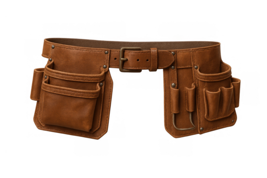 Leather tool belt with pouches and buckle, representing work, construction, and craftsmanship, on transparent background