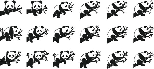 Cute panda bear resting and sleeping on bamboo tree branches vector cartoon silhouette icons, adorable wildlife mascot set in simple flat style design.