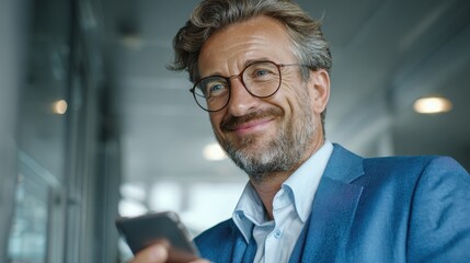 smiling midaged ceo in blue suit and glasses using cell phone solutions in corporate office setting