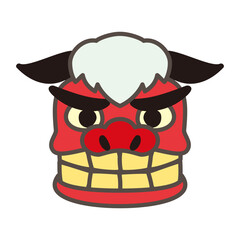 Lion Dance (Shishimai) Head Icon, Wide Eyes and Closed Mouth with Teeth, Pastel Vector Line Art