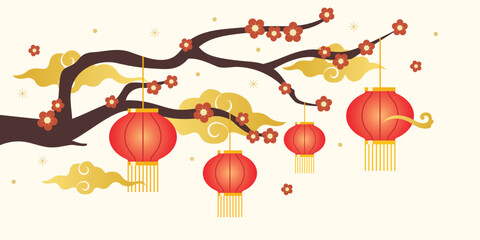 Chinese new year tree with hanging red Chinese lanterns and flowers. Decorations for the Chinese New Year. 