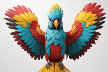 Obraz premium Vibrant, stylized illustration of a colorful parrot with spread wings, centered on white