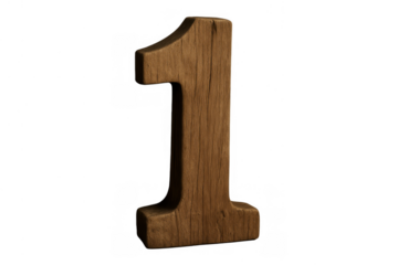 Wooden rustic number one digit standing upright with natural wood texture, representing first place and beginning, transparent background