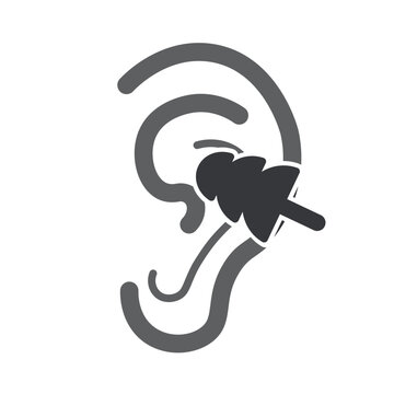 Isolated pictogram of an ear with an earplug, indicating required hearing protection in loud, high-decibel industrial or workplace environments.