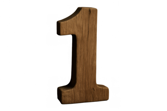 Wooden rustic number one digit standing upright with natural wood texture, representing first place and beginning, transparent background