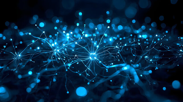 Neural Network Concept Mockup, Glowing Blue Connectivity Brain Model, Abstract Technology AI Data Mockup