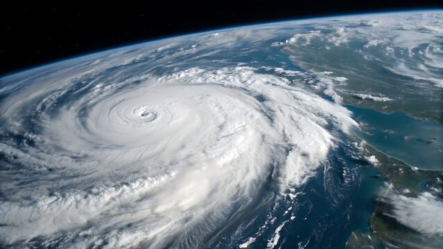 Hurricane Melissa 2025. Powerful hurricane seen from space with a clearly defined eye, swirling