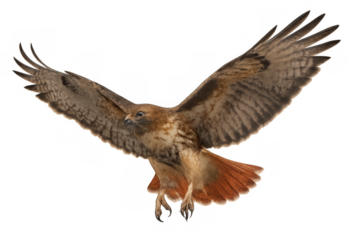 Red-tailed hawk flying with wings spread, a bird of prey in predatory flight, isolated on transparent background