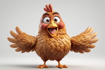 A cartoon chicken with open arms and a wide smile against a plain grey background