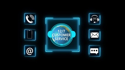 customer service support system concept. Businessman presenting global AI service technology with chatbot, email, phone and voice assistant for 12/7 help online communication 4k animated motion video. - Powered by Adobe