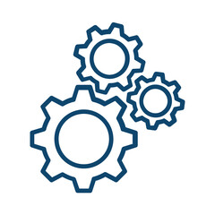 Three blue glowing gears meshed together isolated on transparent background