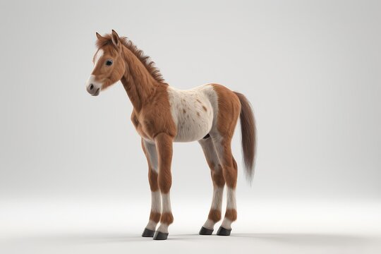 A detailed CG rendering of a young horse with brown and white markings, posed against white