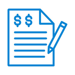 Blue neon financial document with dollar signs and pencil isolated on transparent background