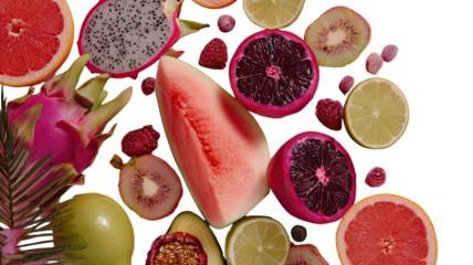 Tropical fruits isolated on white background, fresh exotic fruit assortment, colorful healthy produce, natural food display, vibrant summer selection