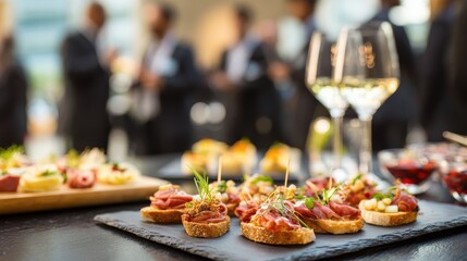 close up view of catering appetizers and drinks on table with blurred business professionals networking at corporate event in background