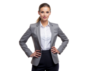 Female CEO standing with hand on hip and confident leadership pose, isolated on a transparent background, PNG