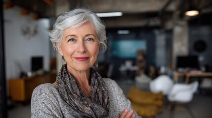 portrait of a grayhaired senior woman with a confident smile in a creative workspace  embracing feminine energy and artistic design in a modern interior setting