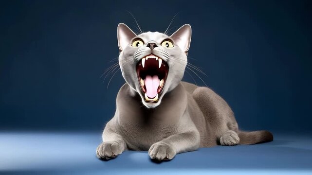 Gray cat meowing or yelling on blue background 