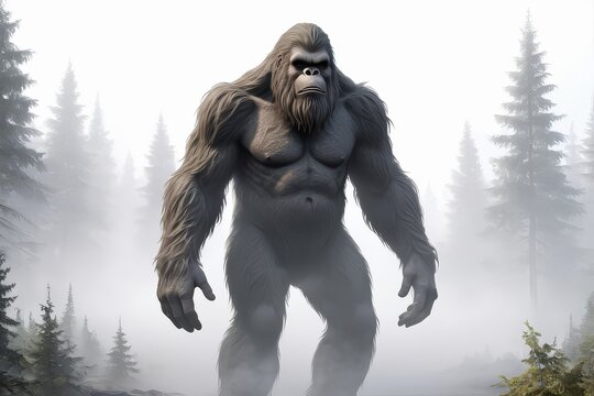 A gray, muscular, bipedal ape-like creature standing in a foggy forest