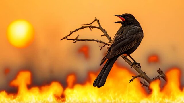 Dramatic wild bird scene in burning landscape