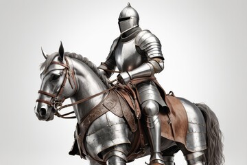 A medieval knight in full shining armor mounted on a silver-gray horse, isolated