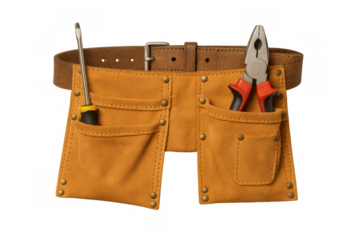 Leather tool belt holding essential repair and construction tools for handyman work, transparent background