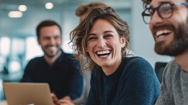 laughing colleagues with laptop and tablet in office happy teamwork and collaboration in casual meeting with soft natural daylight