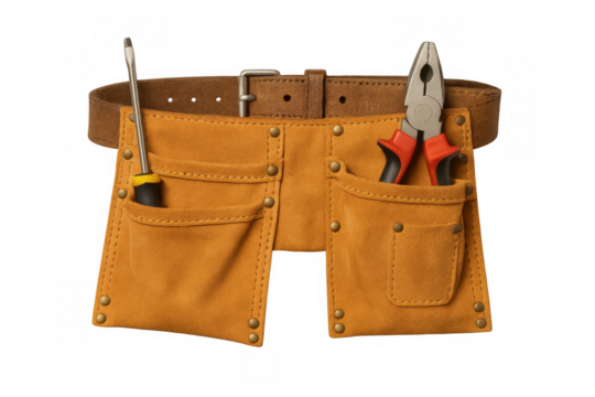 Leather tool belt holding essential repair and construction tools for handyman work, transparent background - Powered by Adobe