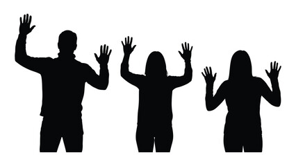 Silhouettes of people with raised hands isolated on white background, Vector