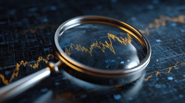 a magnifying glass focuses on a fluctuating line graph symbolizing analysis and scrutiny in data trends and financial metrics