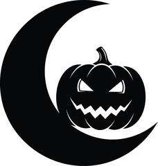 Spooky jack o lantern pumpkin silhouetted against a crescent moon