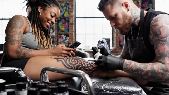 A skilled tattoo artist, wearing protective gloves and a professional apron, meticulously works on an intricate tribal or geometric design on a client's leg inside a vibrant and modern studio. The cli