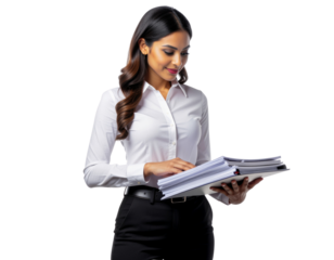 Female office assistant organizing documents with neat professional posture, isolated on a transparent background, PNG