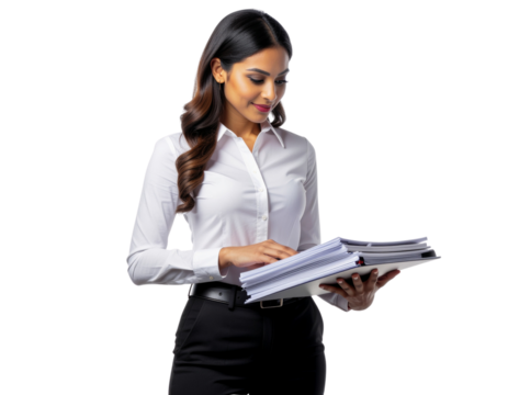 Female office assistant organizing documents with neat professional posture, isolated on a transparent background, PNG - Powered by Adobe