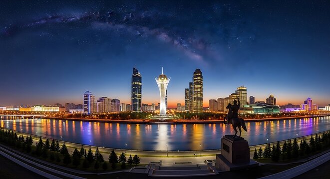 Astana Kazakhstan Skyline at Night with Illuminated Buildings and River Reflections.