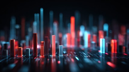 dynamic 3d bar chart visualization with red and blue glowing lights representing data growth and financial analysis in a modern tech environment