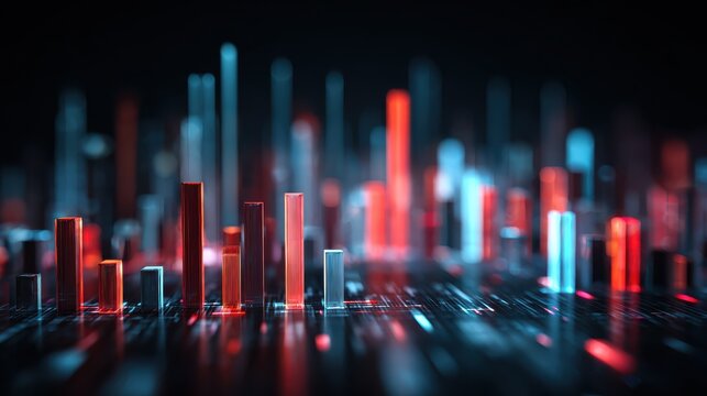 dynamic 3d bar chart visualization with red and blue glowing lights representing data growth and financial analysis in a modern tech environment