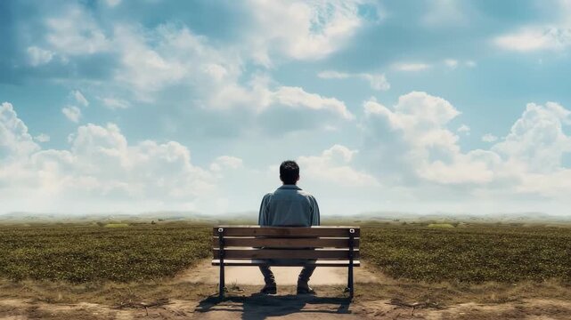 Man on bench watching person walking down empty path  