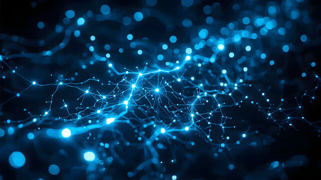 Neural Network Concept Mockup, Glowing Blue Connectivity Brain Model, Abstract Technology AI Data Mockup