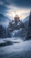 Winter Castle Majesty - A Snowy Fortress in a Mountain Landscape.